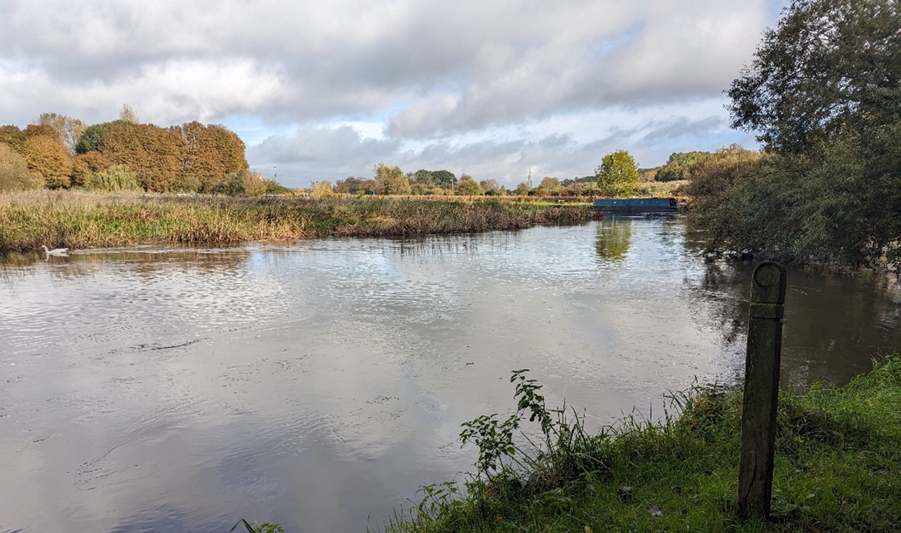 River Thames, crossed by pylons in the background: